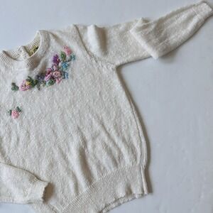 Vintage Weekend Edition Embroidered 3D Flowers Sweater Women's Small Cream 70s